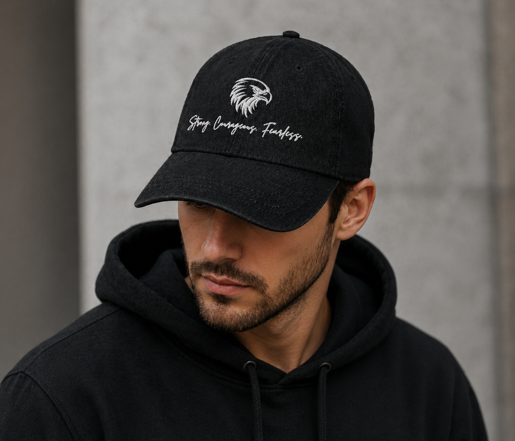 Eagle Head Christian Denim Hat – “Strong, Courageous, Fearless” White Lettering (Joshua 1:9) Faith Cap