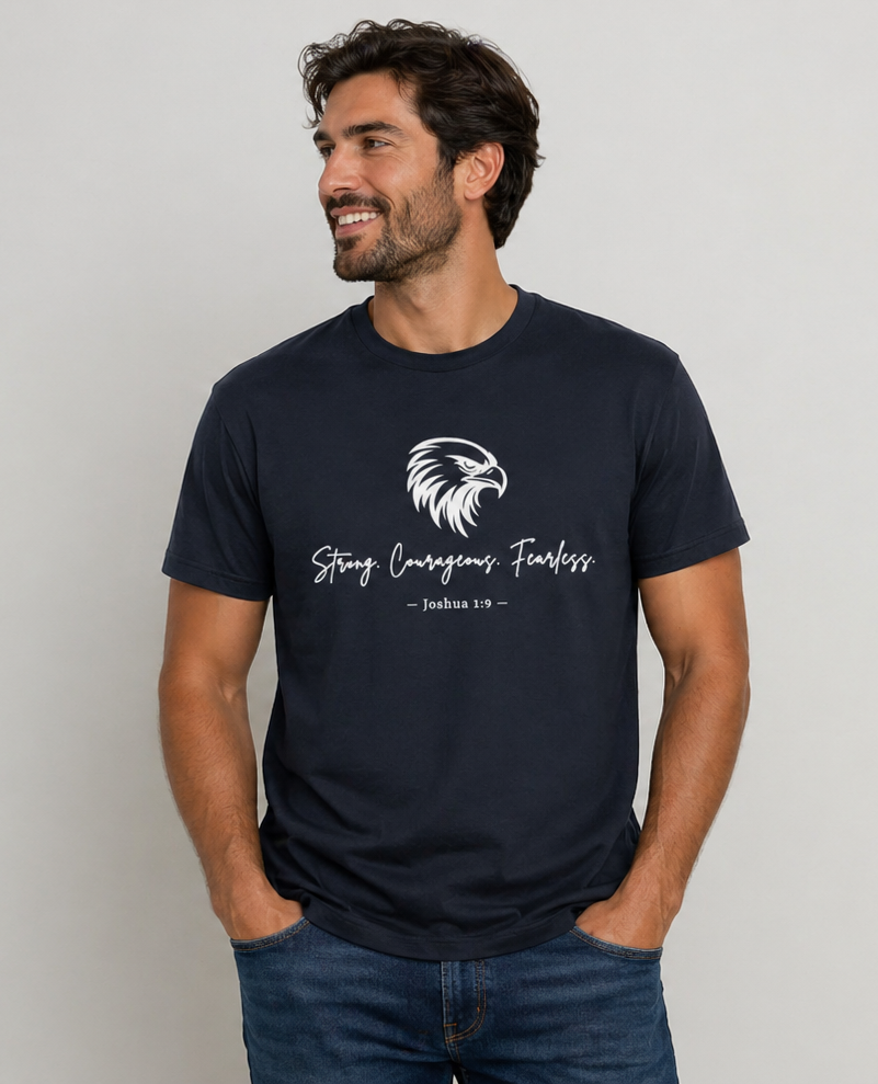 Eagle Head Christian T-Shirt – “Strong, Courageous, Fearless” White Lettering (Joshua 1:9) Unisex Faith Tee