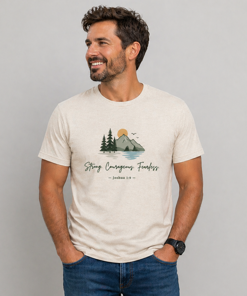 Joshua 1:9 Mountain T-Shirt | 3-Word Faith Design | Christian Outdoor Tee