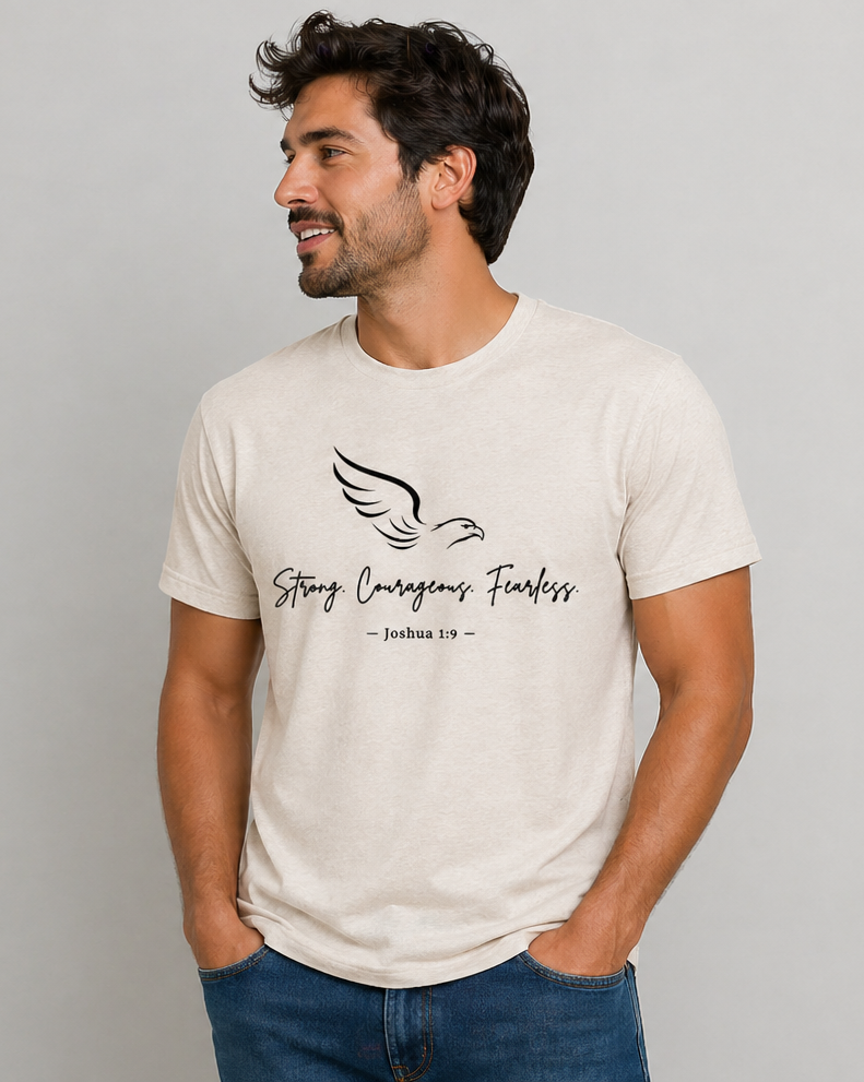 Joshua 1:9 Eagle Men’s T-Shirt – Black Lettering | Christian Faith Tee