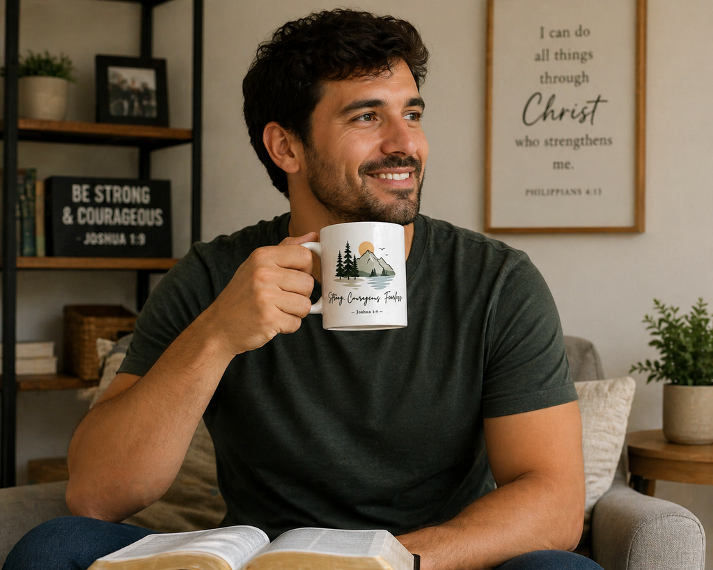 Christian Inspirational Mug – “Strong, Courageous, Fearless” (Joshua 1:9) | Faith Coffee Cup | Mountain Design