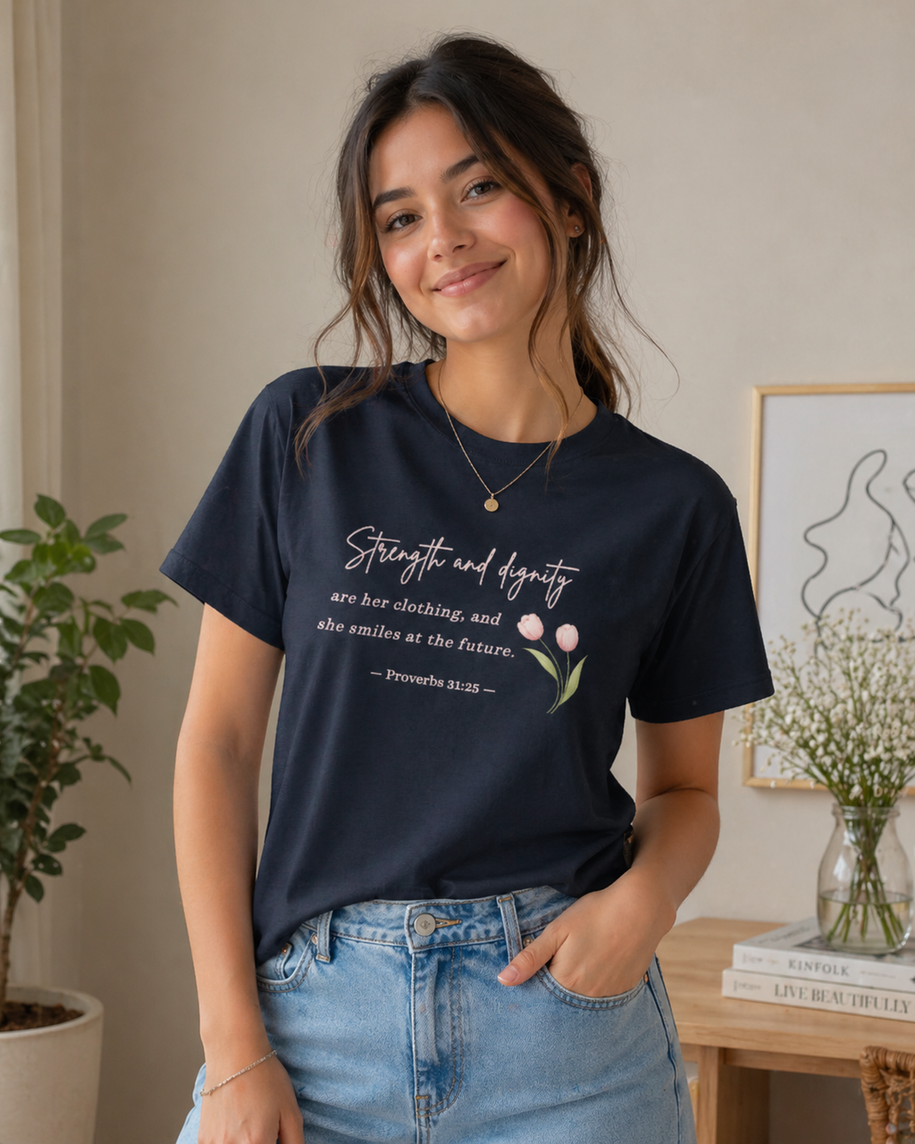 Strength & Dignity (Pink Script Minimal Floral) – Women’s T-Shirt