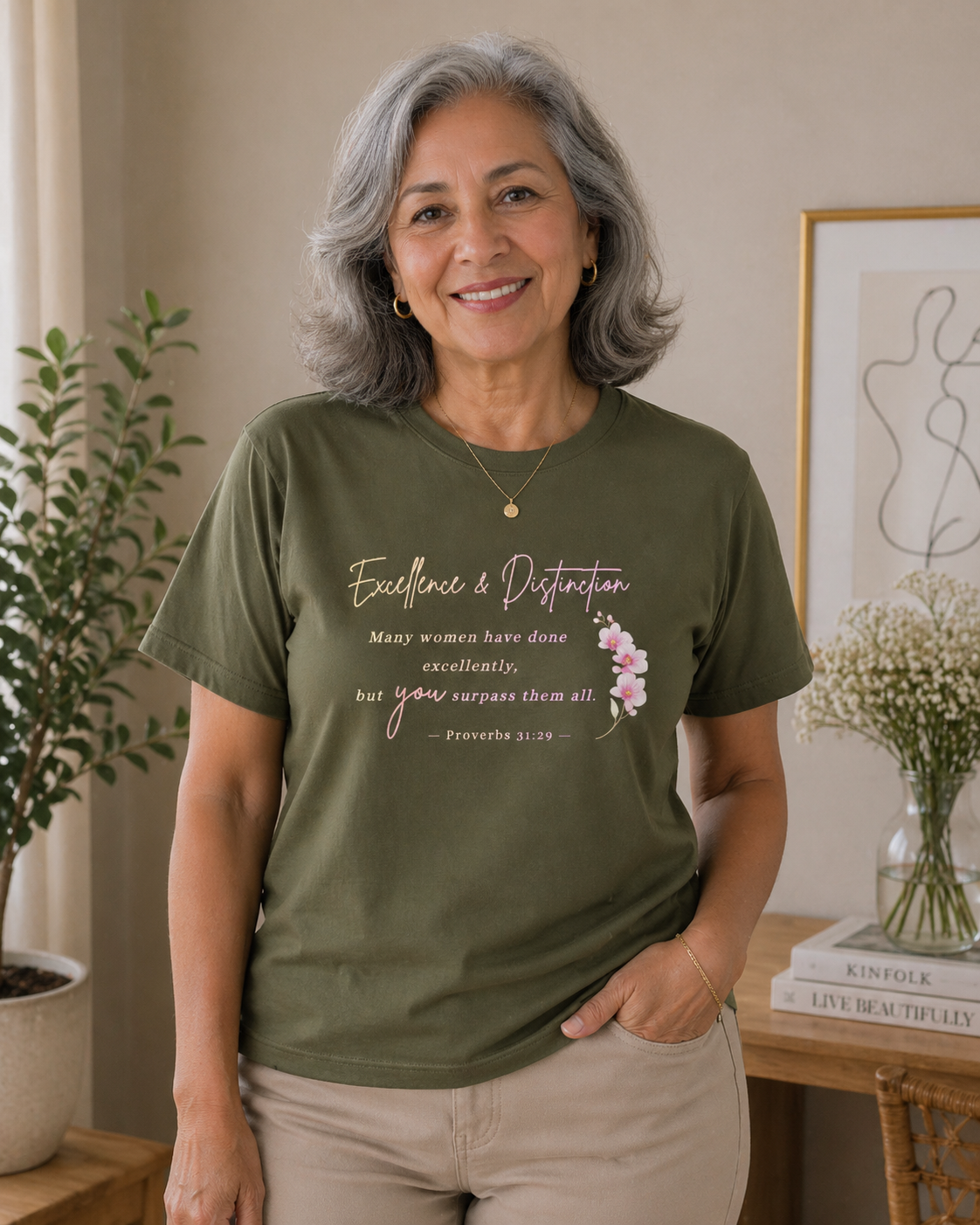 Proverbs 31:29 Excellence & Distinction T-Shirt – Orchid Design Christian Scripture Tee (Pink Script)