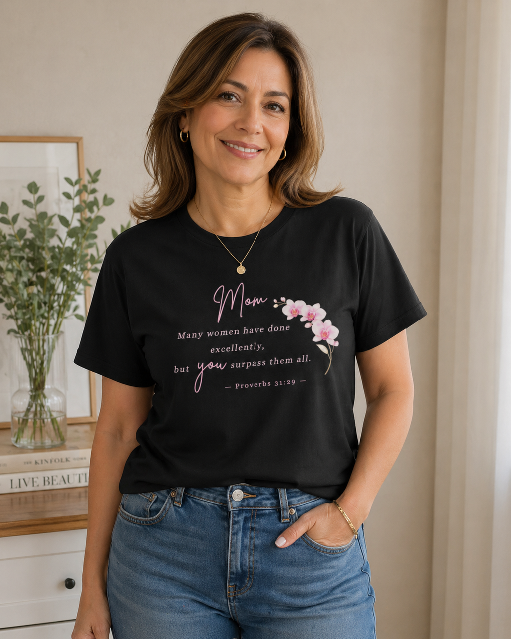 Proverbs 31:29 Mom T-Shirt – Orchid Design Christian Scripture Tee (Baby Pink)