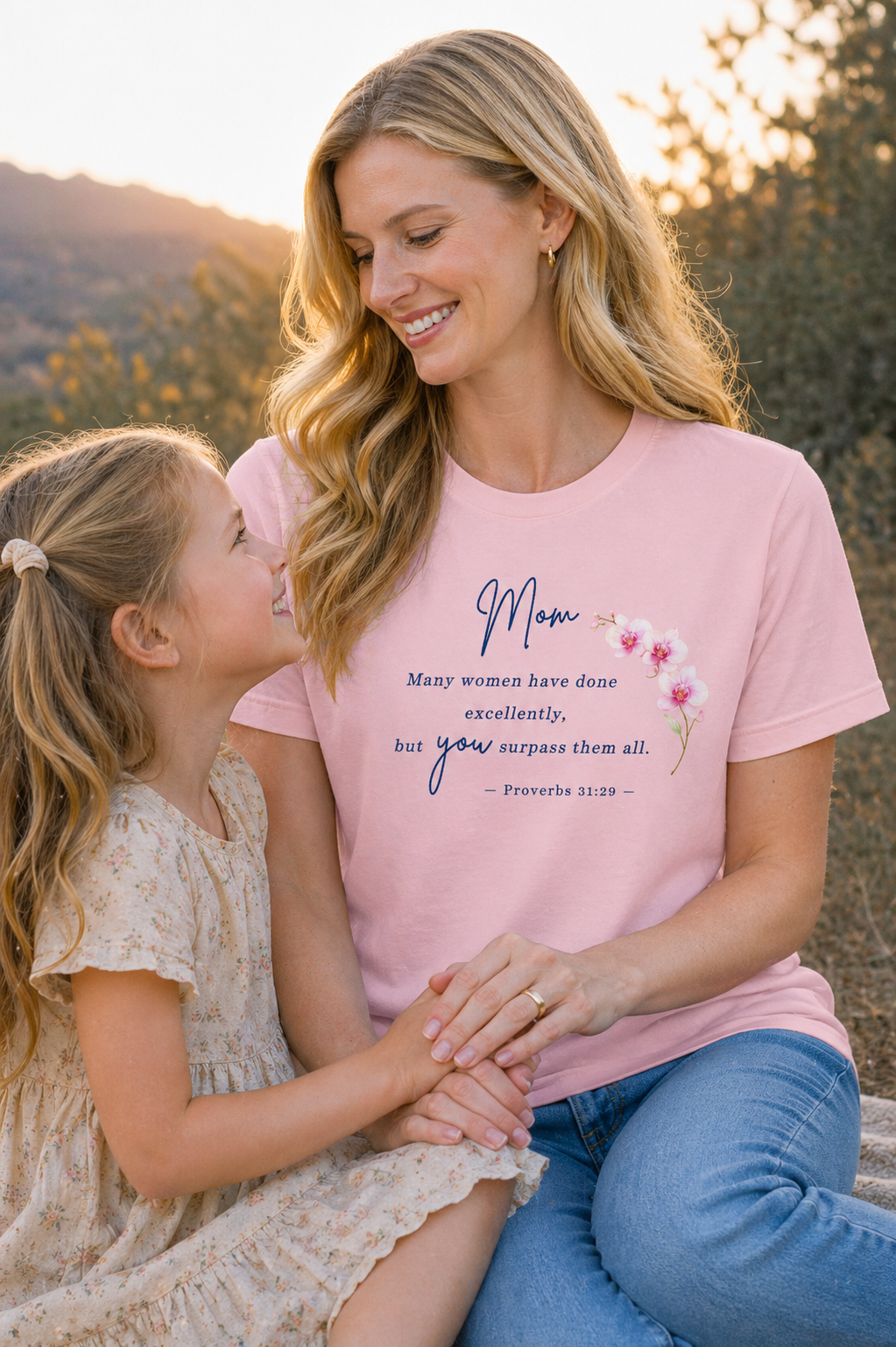 Proverbs 31:29 Mom T-Shirt – Orchid Design Christian Scripture Tee (Dark Blue)