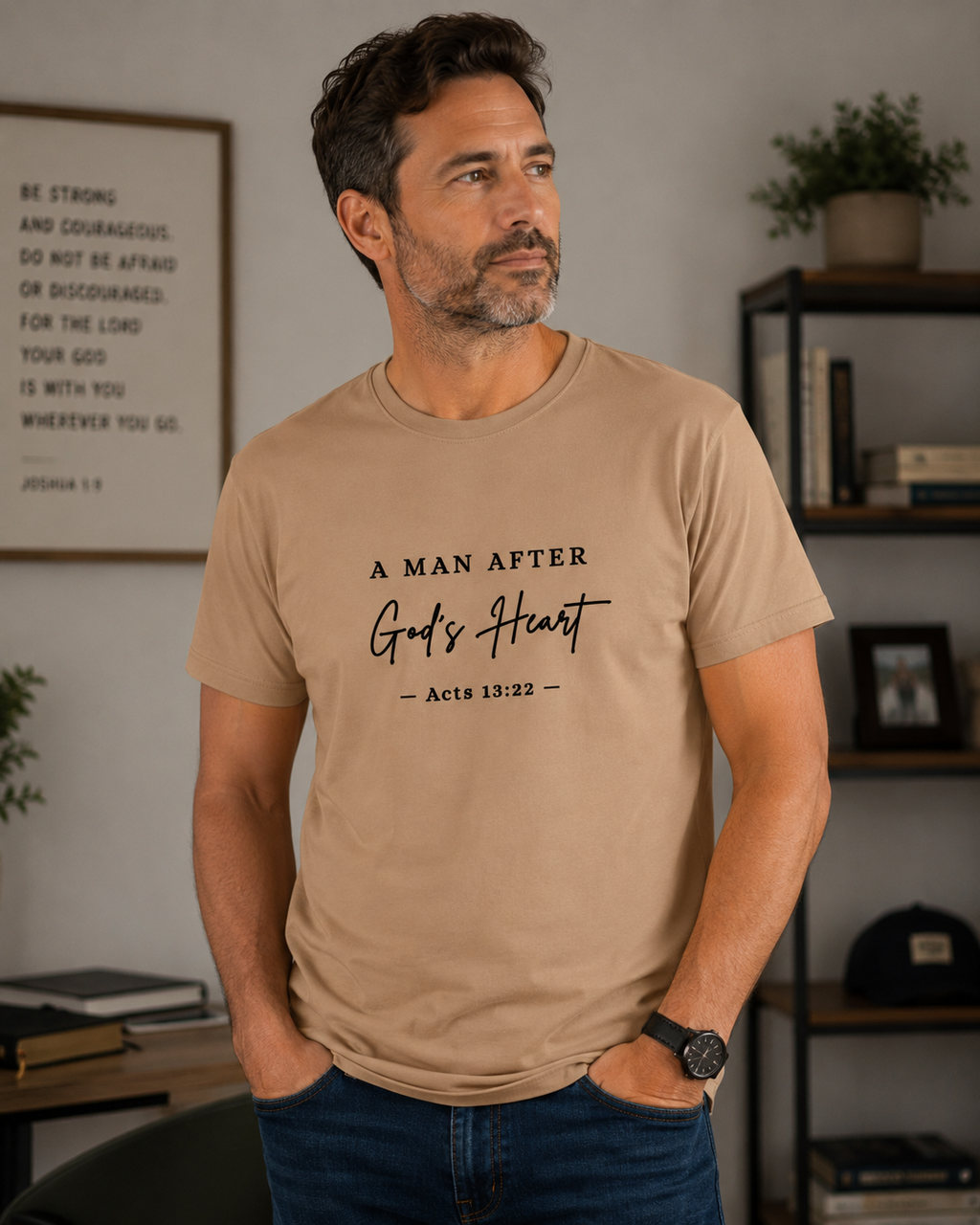 Christian T-Shirt “A Man After God’s Heart” – Black Lettering (Acts 13:22)