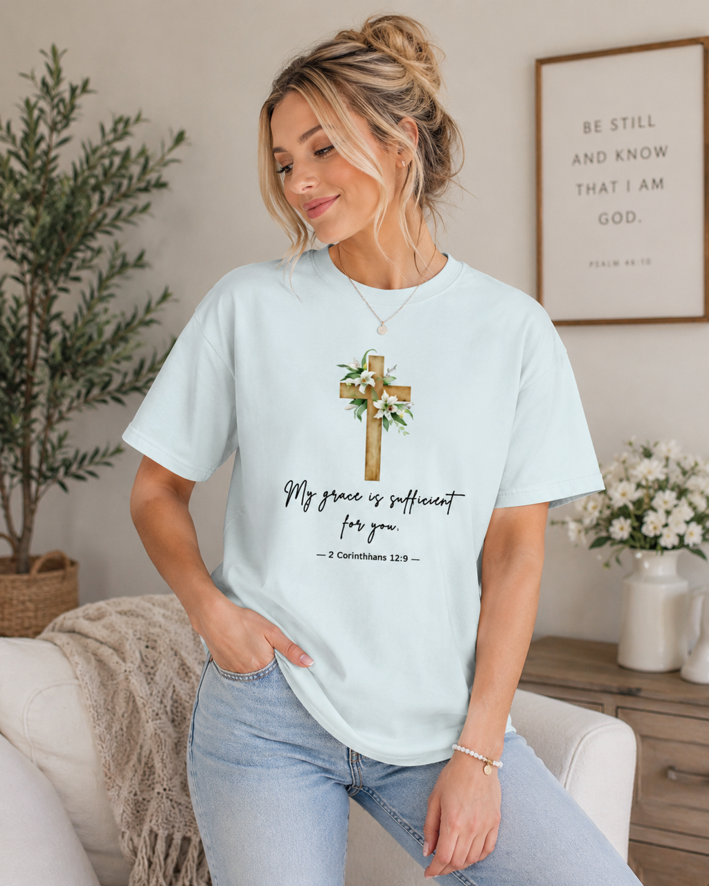 Grace Is Sufficient Christian T-Shirt – Floral Cross Faith Tee for Women