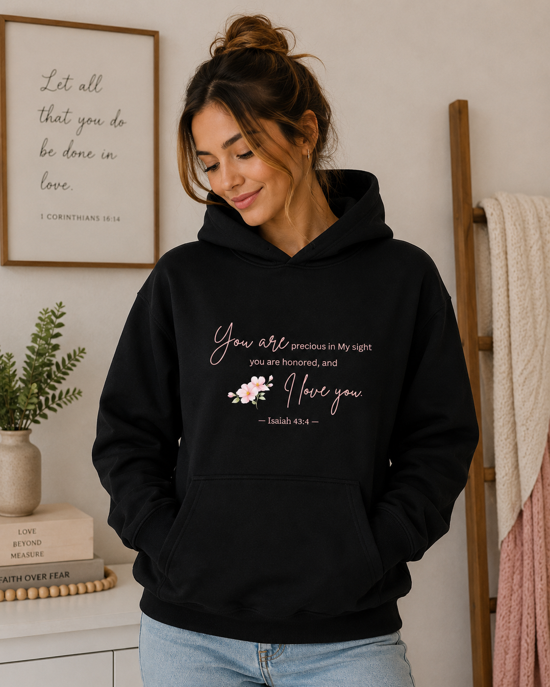 Forever Loved Christian Oversized Hoodie – Isaiah 43:4 Floral Faith Sweatshirt
