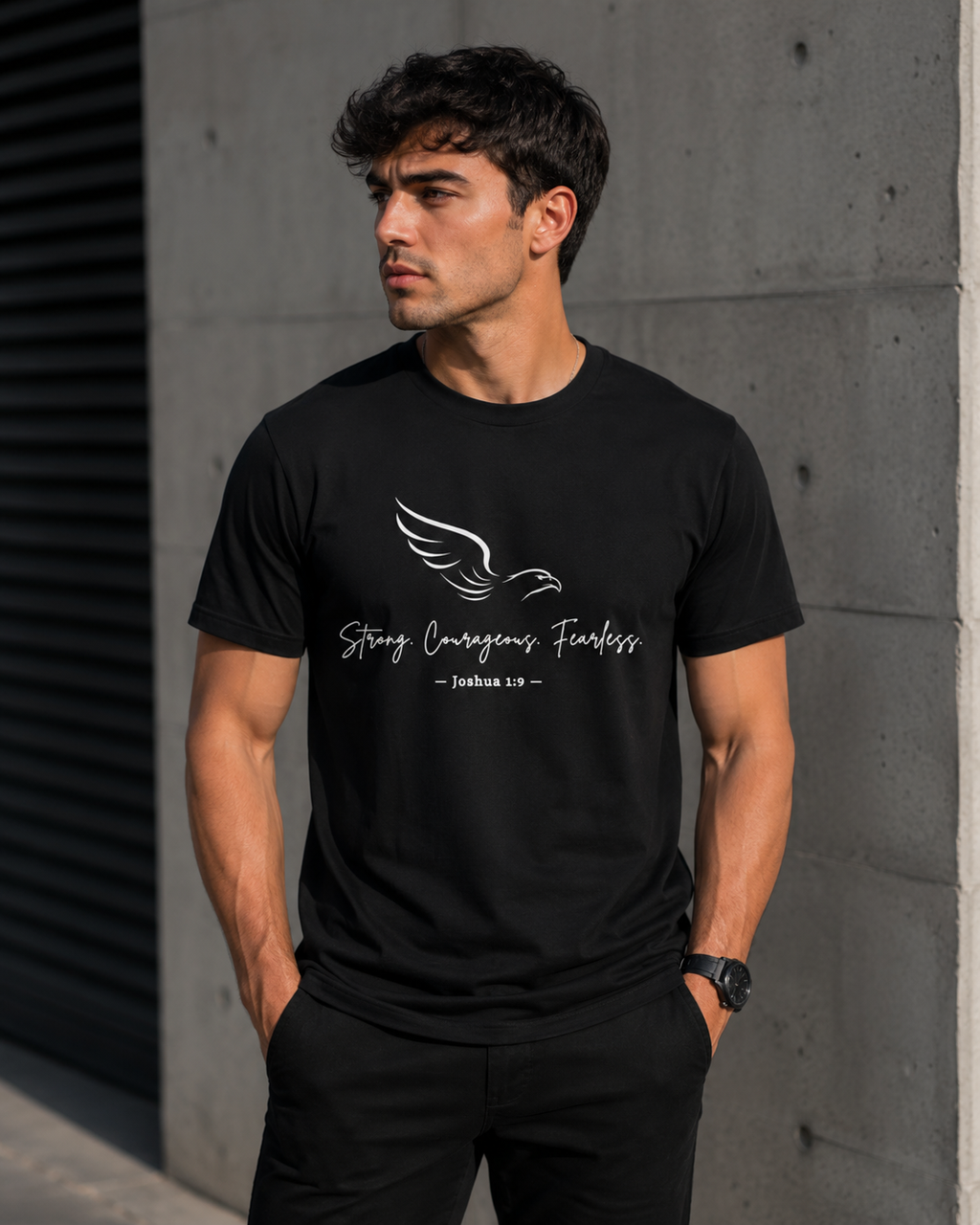 Joshua 1:9 Eagle Men’s T-Shirt – White Lettering | Christian Faith Tee