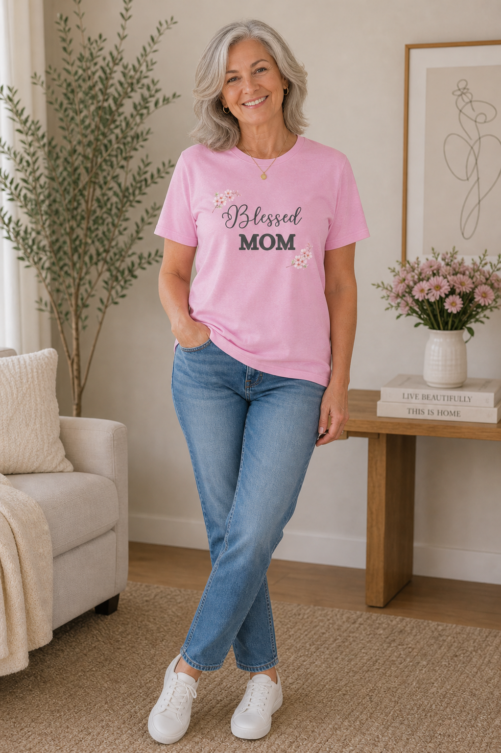 Blessed Mom (Dark Grey Script Floral Design) – Women’s T-Shirt