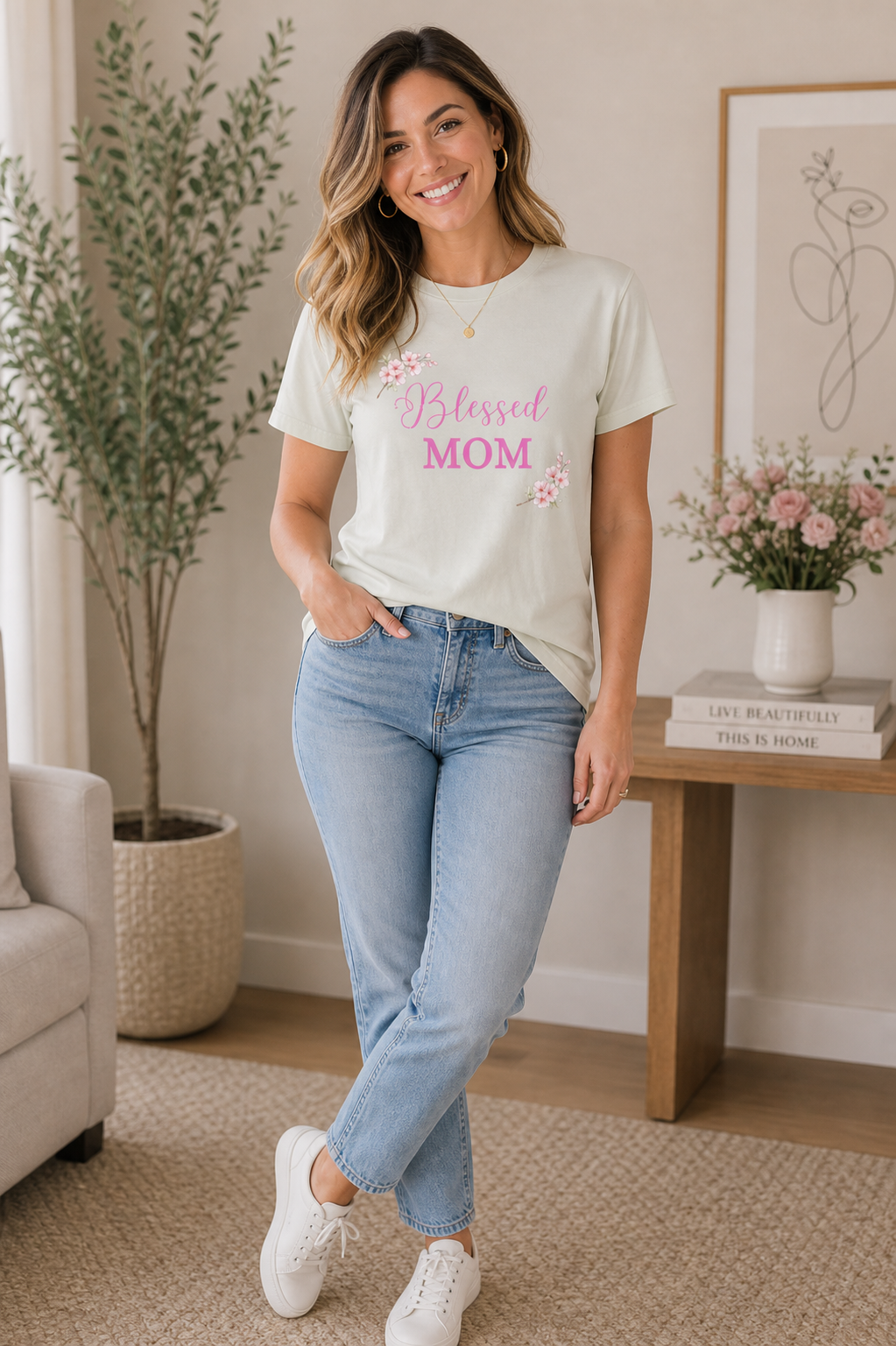 Blessed Mom (bright Pink Floral Design) – Women’s T-Shirt