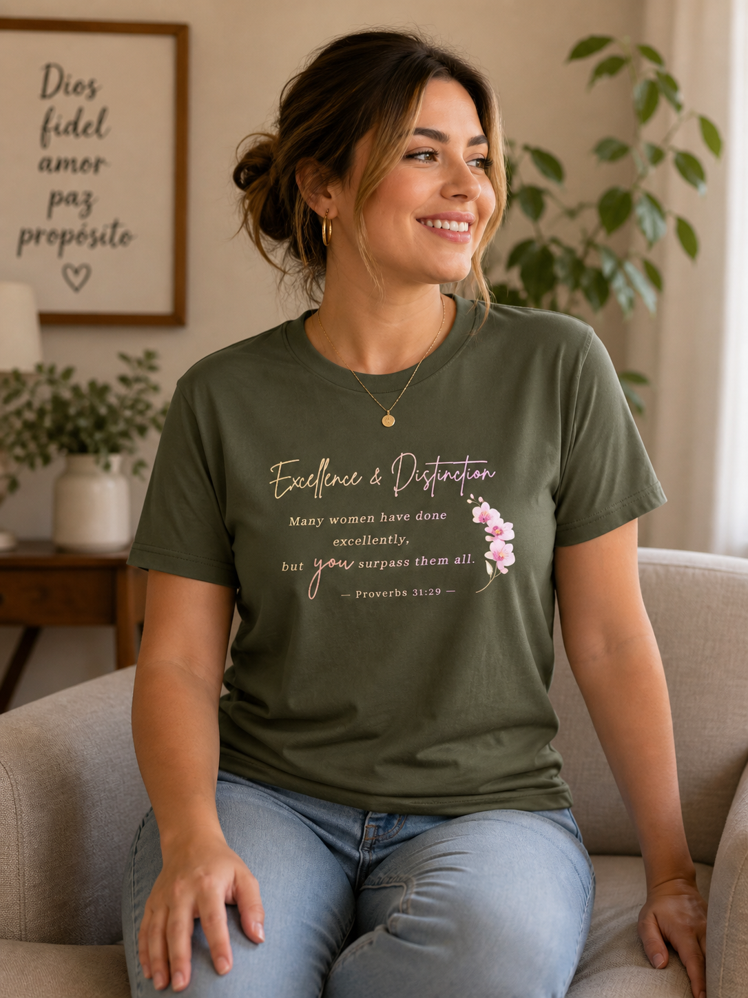 Proverbs 31:29 Excellence & Distinction T-Shirt – Orchid Design Christian Scripture Tee (Pink Script)