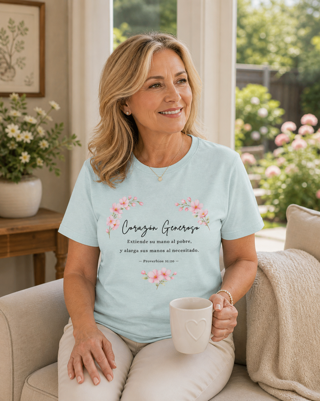 Corazón Generoso (Proverbios 31:20 – Estilo Flor Suave) – Camiseta de Mujer