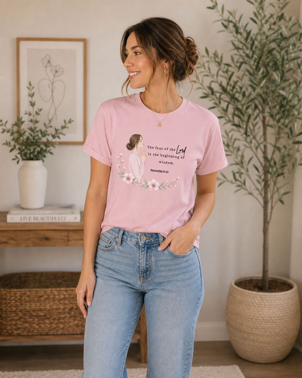 Christian T-Shirt “Fear of the Lord” – Proverbs 9:10 – Soft Floral Design