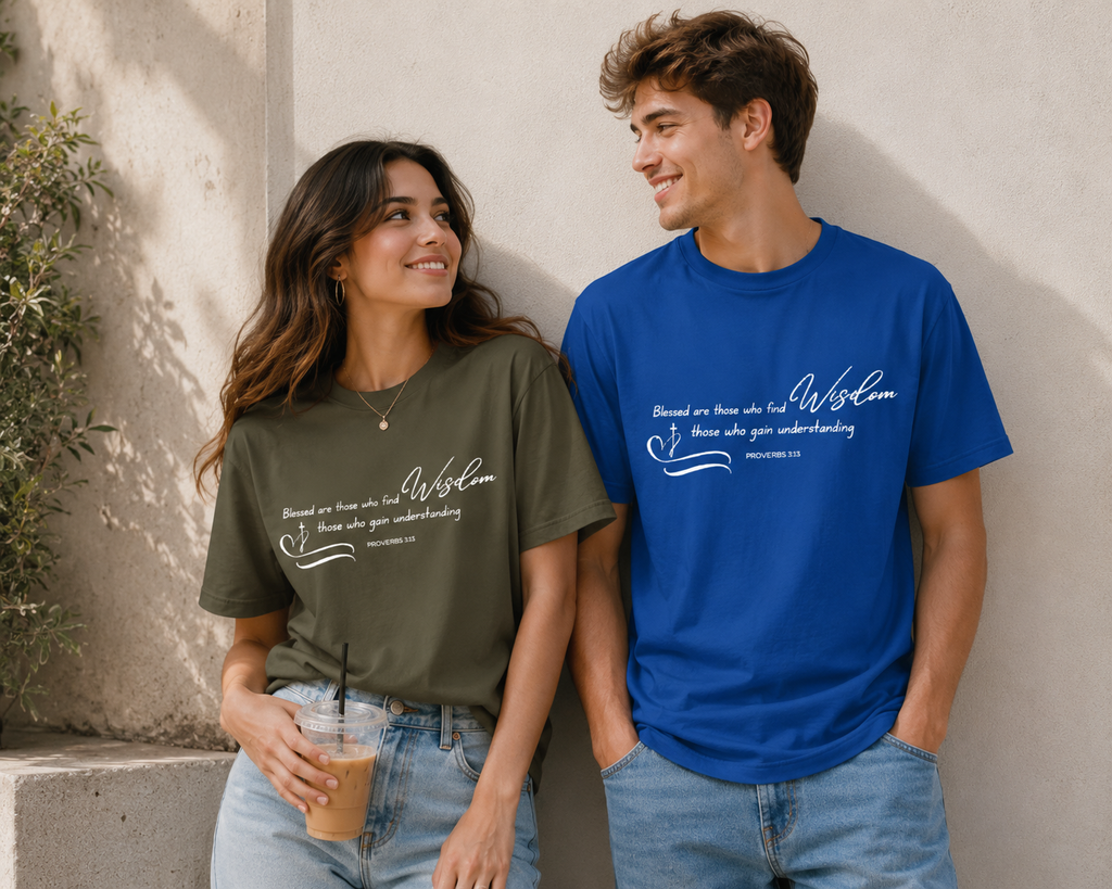 Blessed Are Those Who Find Wisdom” White Lettering Unisex Christian T-Shirt – Proverbs 3:13