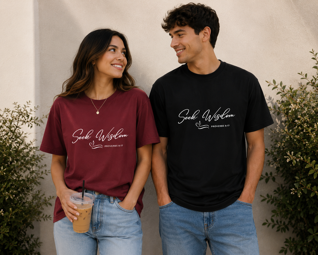 “Seek Wisdom” White Lettering Unisex Christian T-Shirt – Proverbs 8:17